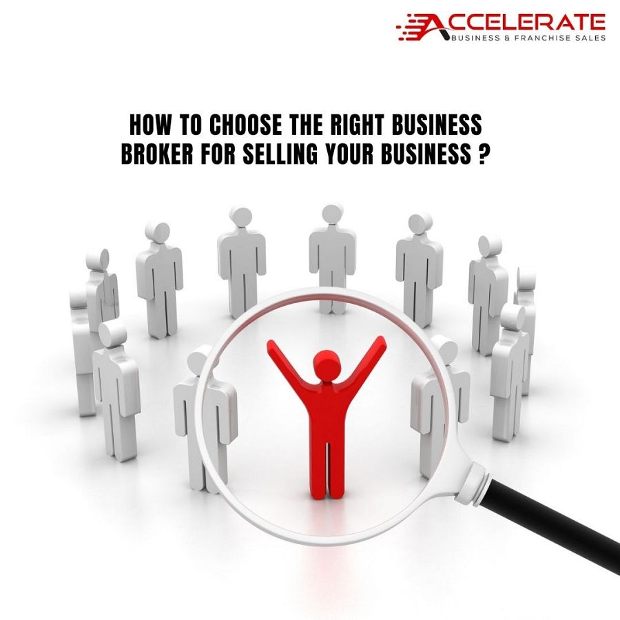 Graphic asking, "HOW TO CHOOSE THE RIGHT BUSINESS BROKER FOR SELLING YOUR BUSINESS?" A magnifying glass highlights one red figure in a group of white figures.