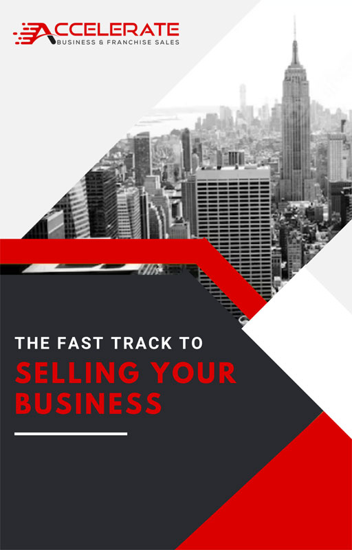 Promotional graphic for Accelerate Business & Franchise Sales with the text "THE FAST TRACK TO SELLING YOUR BUSINESS," set over a black and white image of the New York City skyline including the Empire State Building.