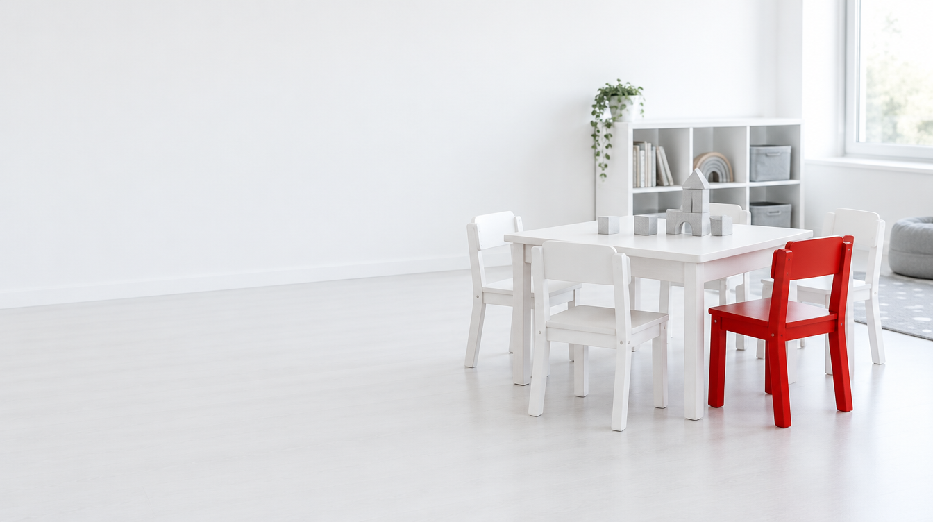 Bright white early learning centre playroom with a red child's chair, illustrating childcare centre sales in M&A news Australia