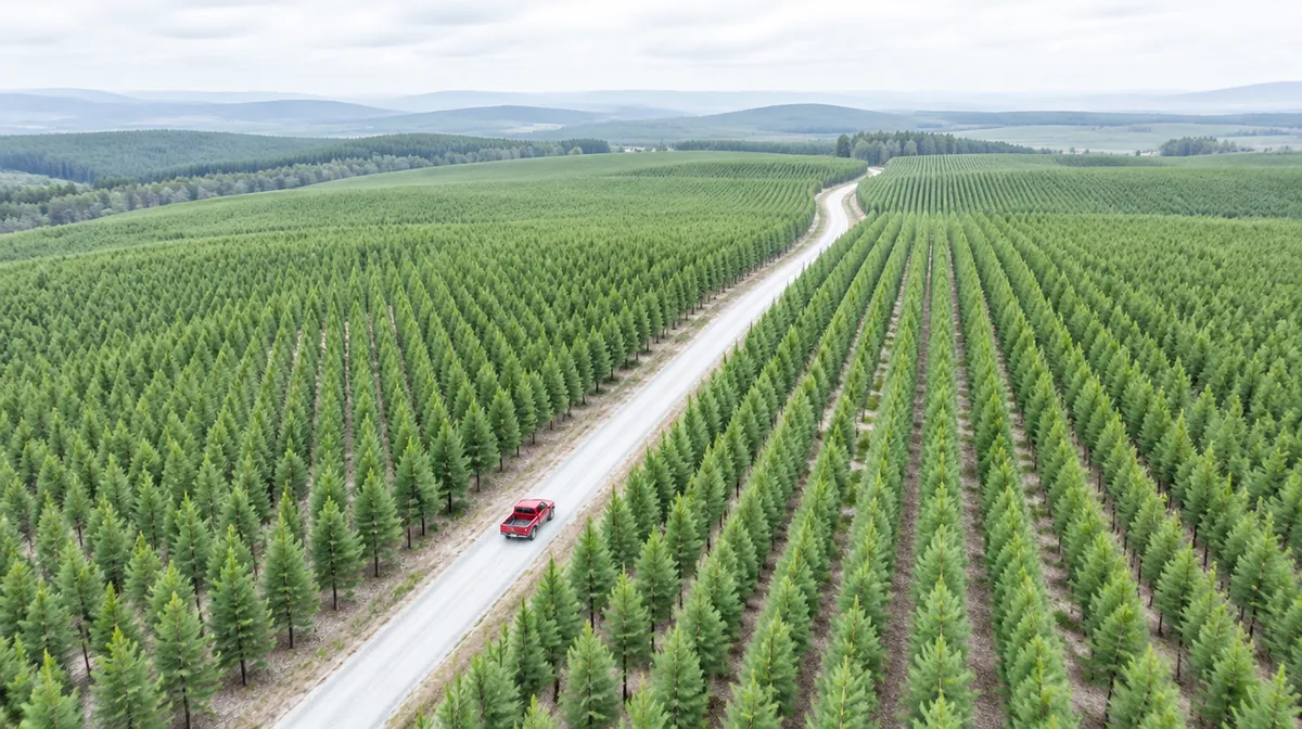Aerial view of a pine plantation in Victoria with a forestry track