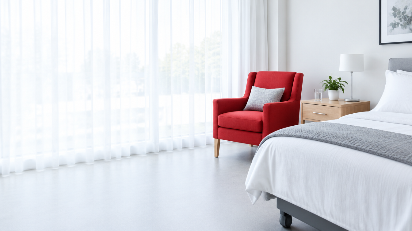 Bright white aged care residence bedroom with a red armchair, illustrating a Victorian aged care home sale in business sale news